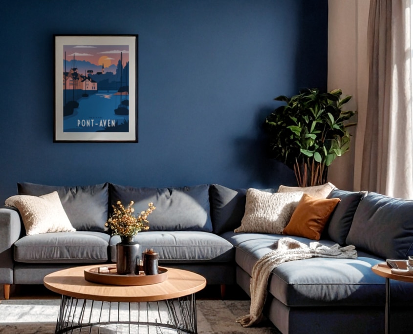 Réalisation d'une décoration murale intérieure de salon contemporain breton avec un joli ton bleu